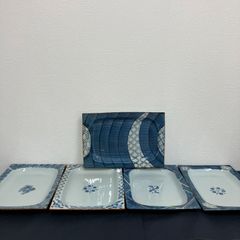 未使用品】源右衛門窯 染付四海波 四角皿 銘々皿 菓子皿 5客組 未使用