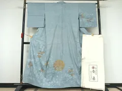 平和屋着物▽京都祇園の老舗　ぎをん齋藤　訪問着　単衣　紬地　枝葉文　薄　たとう紙付き　正絹　逸品　AABK3760jhのサムネイル