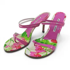 マノロブラニク MANOLO BLAHNIK ヴィンテージ花柄 サンダル トング ピンヒール 37.5 ピンク 花柄 レザーのサムネイル