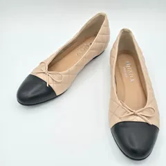 DIANA WELL FIT ダイアナ ウェルフィット キルティング バレエシューズ 25cm ベージュ ブラック リボン フラットパンプス 日本製 RN42691のサムネイル