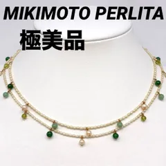 極美品　ミキモト　ペルリータ　MIKIMOTO PERLITA　ネックレス　ケシパール　淡水パール　K18　パール　２連　色石　ホワイト　グリーン　ゴールド　箱　保存袋　クロス×2のサムネイル