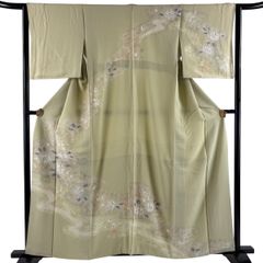 A5 単衣 花々模様 淡い薄緑色 正絹 付下げ 着物 高島屋扱い K33 - メルカリ