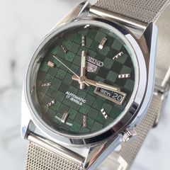 稼働品 SEIKO セイコー5 自動巻き 80s ヴィンテージ グレー文字盤 格子