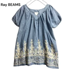 ●棚番号BI-4 Ray BEAMS レイビームス 裾刺繍 半袖 プルオーバー ブラウス ブルー レディース フリーサイズ 綿ポリのサムネイル