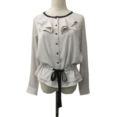 バーニーズニューヨーク BARNEYS NEW YORK MIHOKO SAITO シャツ ブラウス ノーカラー フリル リボン 無地 長袖 38 ベージュ 黒 ブラックのサムネイル