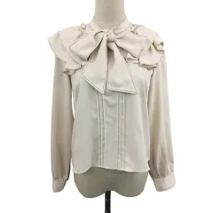 ウィルセレクション WILLSELECTION ブラウス カットソー プルオーバー バンドカラー ボウタイ リボン フリル ステッチ 無地 長袖 M ベージュ ピンクのサムネイル