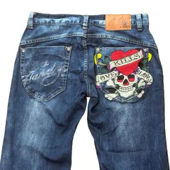 ED HARDY スカル刺繍 ストレートデニム インディゴ サイズ29 メンズS エドハーディーのサムネイル