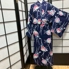 リメイク　本染浴衣　浴衣ワンピース　ハンドメイド　マキシ　濃紺　藤　Aライン リメイク 本染浴衣 浴衣ワンピース ハンドメイド マキシ 濃紺 藤 A
