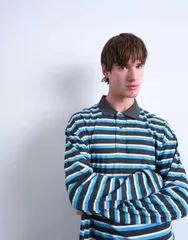 トップマン メンズ トップス ポロシャツ クロップド Topman long sleeve cropped rugby polo shirt BLUE ブルーのサムネイル