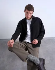 トップマン メンズ トップス シャツ レギュラーフィット Topman regular fit twill overshirt Black ブラックのサムネイル