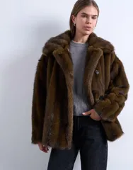 トップショップ レディース アウター コート Topshop faux fur short car coat inatural stripes Natural stripe ストライプのサムネイル