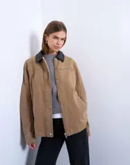トップショップ レディース アウター ジャケット・ブルゾン コントラスト Topshop zip up tan barn jacket with contrast PU collar in tan タのサムネイル
