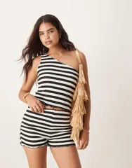 エイソス レディース トップス タンクトップ ASOS DESIGN crochet one shoulder top and white stripes part of a set Black anのサムネイル