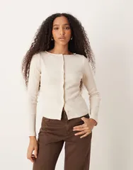 エイソス レディース アウター カーディガン リブ ASOS DESIGN wide neck ribbed cardigan in oatmeal Oatmeal オートミールのサムネイル