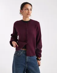 エイソス レディース アウター カーディガン ニット ASOS DESIGN fluffy knit cardigan with blouson sleeve detailing in plum プラのサムネイル