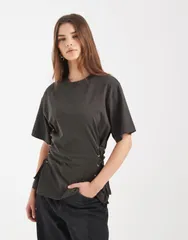 エイソス レディース トップス Tシャツ ASOS DESIGN cinch tie side Tshirt in charcoal チャコールのサムネイル