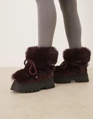 エイソス レディース シューズ ブーツ・レインブーツ レース ASOS DESIGN Acclaim shearling lace up snow boots Burgundy バーガンディのサムネイル