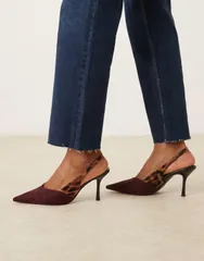 エイソス レディース シューズ ヒール ASOS DESIGN Wide Fit Sabrina slingback stiletto heel shoes and leopard BURGUNDYのサムネイル