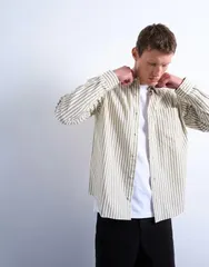 トップマン メンズ トップス シャツ リラックスフィット Topman relaxed fit stripe shirt in dusty GREEN グリーンのサムネイル