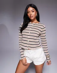 エイソス レディース アウター カーディガン リラックスフィット ニット ASOS DESIGN knit relaxed fit cardigan stripe Brown Stripe ブラウンのサムネイル