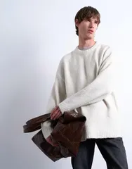 トップマン メンズ アウター ニット・セーター クルーネック セーター ニット Topman loose knit crew neck sweater in ecru CREAM クリームのサムネイル