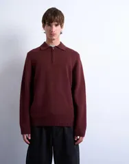 トップマン メンズ トップス ポロシャツ Topman standard fit zip polo in dark Burgundy バーガンディのサムネイル