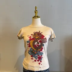 【東あずま店　併売品】　Mash　Mania　マッシュマニア　Y2K　平成ギャル　龍　ピチT　ドラゴン　総柄　Tシャツ　シャツ　カットソー　ベージュ　beige　花柄のサムネイル