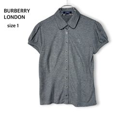 バーバリーロンドン BURBERRY LONDON 日本製 テンセル ウール ポロシャツ 半袖シャツ カットソー トップス パフスリーブ 襟付き グレー 1 S ホースロゴ 刺繍 ノバチェック 刻印ボタン オフィス カジュアルのサムネイル