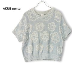 アクリスプント AKRIS punto オーガニックコットン100% 半袖ニット サマーセーター カットソー プルオーバー トップス クルーネック 総柄 水色 ライトブルー 白 ホワイト 春夏 上品 エレガント 爽やかのサムネイル