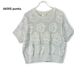 アクリスプント AKRIS punto オーガニックコットン100% 半袖ニット サマーセーター カットソー プルオーバー トップス クルーネック 総柄 水色 ライトブルー 白 ホワイト 春夏 上品 エレガント 爽やかのサムネイル