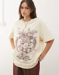 モンキ レディース トップス Tシャツ フラワー柄 フラワー グラフィック Monki loose fit floral graphic tshirt in dusty Beige medium duのサムネイル
