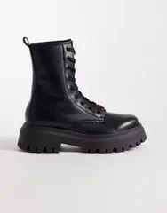 エイソス レディース シューズ ブーツ・レインブーツ レース ASOS DESIGN Ava lace up flat boots Black ブラックのサムネイル
