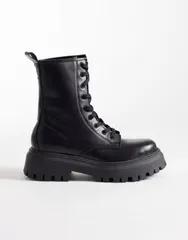 エイソス レディース シューズ ブーツ・レインブーツ レース ASOS DESIGN Wide Fit Ava lace up flat boots Black ブラックのサムネイル