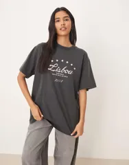 エイソス レディース トップス Tシャツ グラフィック ASOS DESIGN oversized tshirt with Lisbon graphic in washed charcoal チャコーのサムネイル