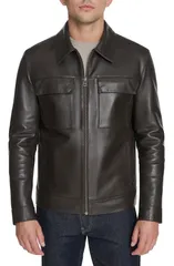 コールハーン メンズ アウター ジャケット・ブルゾン シャツ レザー Cole Haan Leather Zip Shirt Jacket Dark Brown ブラウンのサムネイル