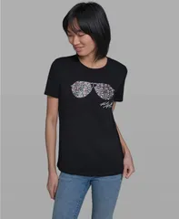 【送料無料】 カール ラガーフェルド レディース Tシャツ トップス Womens Crew Neck Multi Jeweled Sunglass TShirt Blackのサムネイル