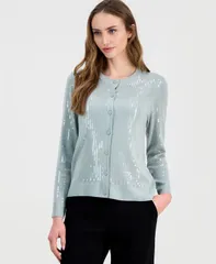 【送料無料】 アンクライン レディース ニット・セーター アウター Womens ButtonFront Sequin Cardigan Soft Aloeのサムネイル