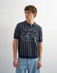 トップマン メンズ トップス ポロシャツ リラックスフィット ニット Topman relaxed fit knit striped polo with east side jacquard NAVYのサムネイル