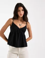 エイソス レディース トップス シャツ ASOS DESIGN trim detail babydoll cami Black ブラックのサムネイル