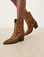 エイソス レディース シューズ ブーツ・レインブーツ ヒール ASOS DESIGN Remone heeled cowboy boots in leopard アニマルのサムネイル