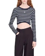 サンドロ レディース トップス Tシャツ クロップド Sandro Cropped Striped Tee Marine Blue ブルーのサムネイル