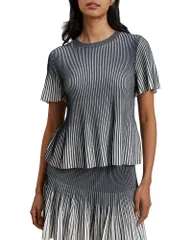 テッドベーカー レディース トップス Tシャツ Ted Baker Hethrr Textured Stripe Fluted Sleeve Tee Navy ネイビーのサムネイル