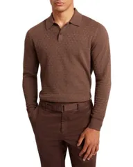 テッドベーカー メンズ トップス ポロシャツ Ted Baker Gaten Long Sleeve Textured Stitch Polo Naturalのサムネイル