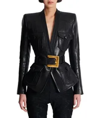 バルマン レディース アウター ジャケット・ブルゾン レザー ジャケット Balmain 1Button Belted Leather Jacket Black ブラックのサムネイル