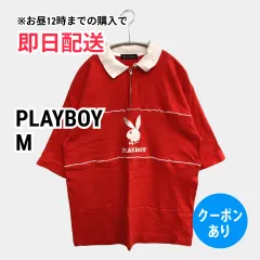 PLAYBOY プレイボーイ ポロシャツ M レッド 前面プリント ブランドロゴ ライン柄 半袖 レディースのサムネイル