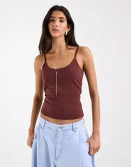 エイソス レディース トップス シャツ ASOS DESIGN double layered scoop neck cami top chocolate チョコレートのサムネイル