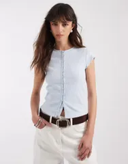 エイソス レディース アウター カーディガン ASOS DESIGN compact ributton up short sleeve cardigan in light BLUE ブルーのサムネイル