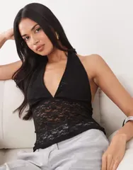エイソス レディース トップス シャツ レース ホルター ASOS DESIGN lace halterneck top Black ブラックのサムネイル