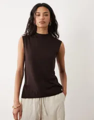 マンゴ レディース トップス タンクトップ ハイネック ノースリーブ Mango high neck sleeveless nipped waistop BROWN ブラウンのサムネイル