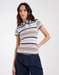 エイソス レディース トップス シャツ ASOS DESIGN shrunken polo top in stripe Blue stripe ブルーのサムネイル